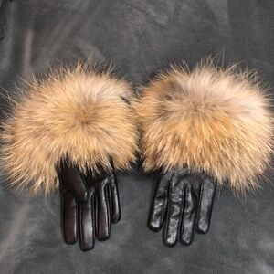 Brand New Real Fur Black Leather Gloves